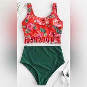 Zaful Red Floral Ruffle Tankini Top with Dark Green High Waist Bottoms